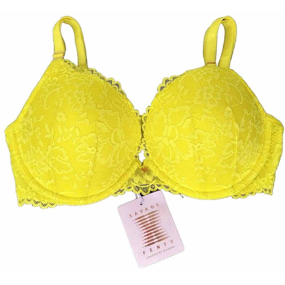 Savage X Fenty Women Size 36D D Bra Floral Lace Push Up Yellow Neon Y2K Brat